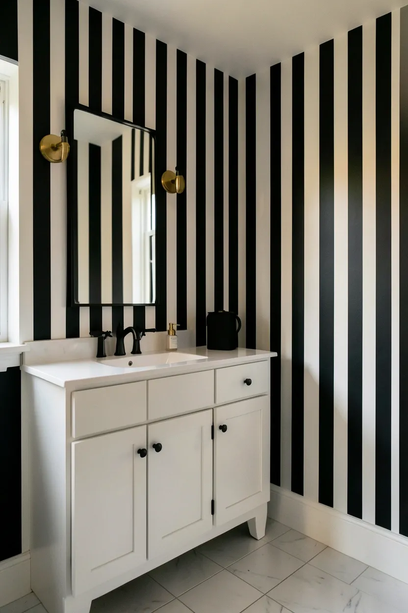 Black and white vertical stripes on bathroom wall — painted stripe pattern for a budget-friendly small bathroom refresh