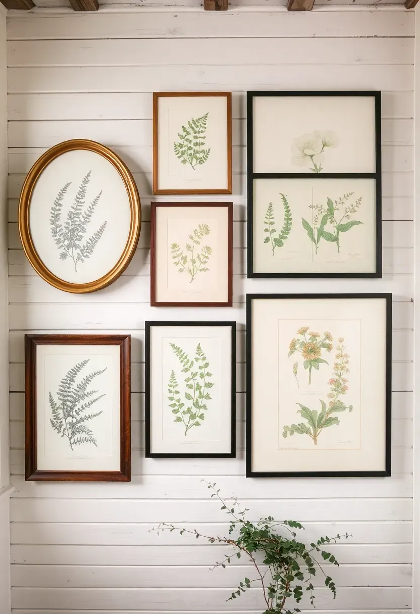 Gallery wall of vintage botanical prints in mismatched antique frames on a shiplap wall in a farmhouse sunroom with warm light and trailing plants