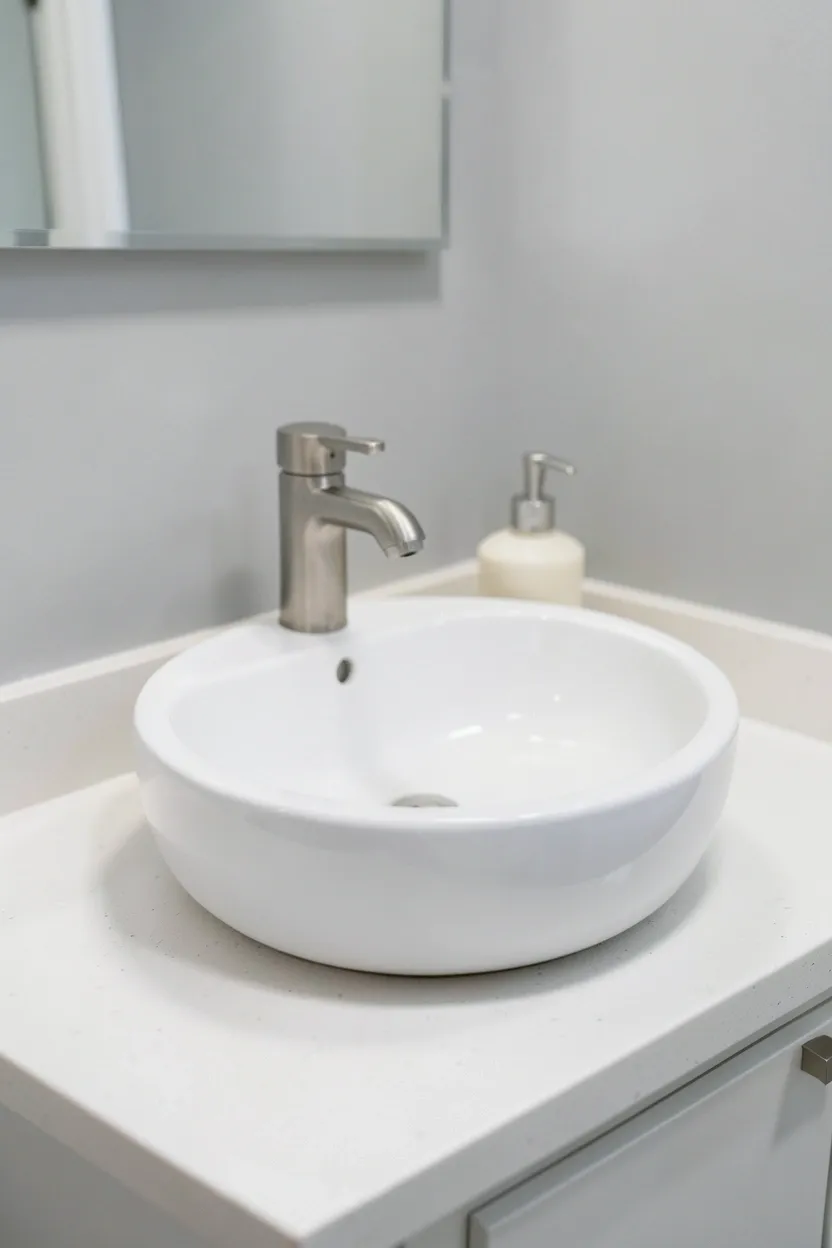 Coordinated navy bath rug and sky blue towels on a white towel bar in a bright rental bathroom