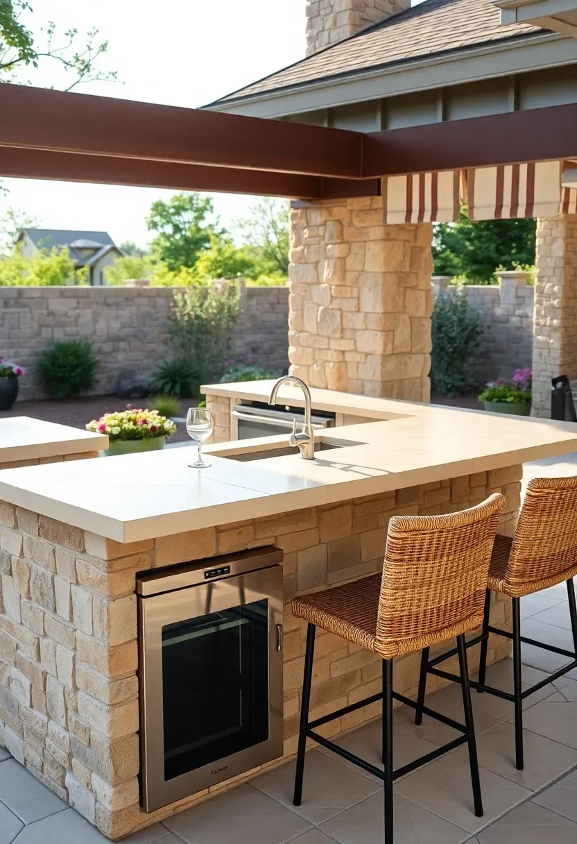 Hyper-realistic 3/4 view of a peninsula outdoor kitchen extending from a stone wall, featuring travertine countertop with integrated sink, built-in beverage center below, and three barstools on the exterior side. Materials: travertine countertop, stone veneer base, stainless steel appliances, woven barstools. Bright diffused morning light, warm cream and beige color palette. inviting social atmosphere, shallow depth of field with sharp focus on countertop edge, garden landscape visible beyond. No text, no logos, no watermarks.</p>
