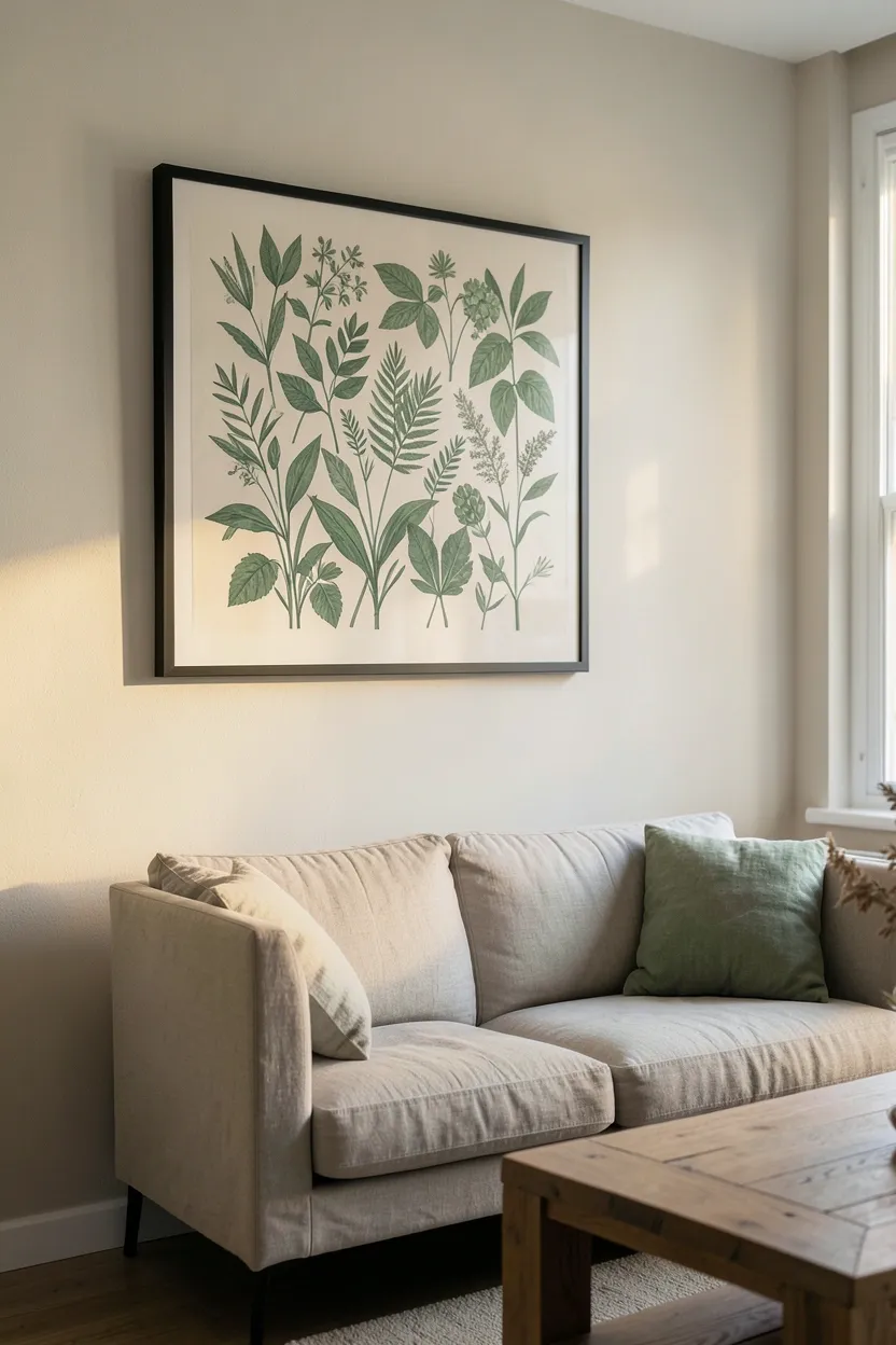 Framed botanical print and landscape photograph in thin black metal frames on a white wall in a modern rustic living room