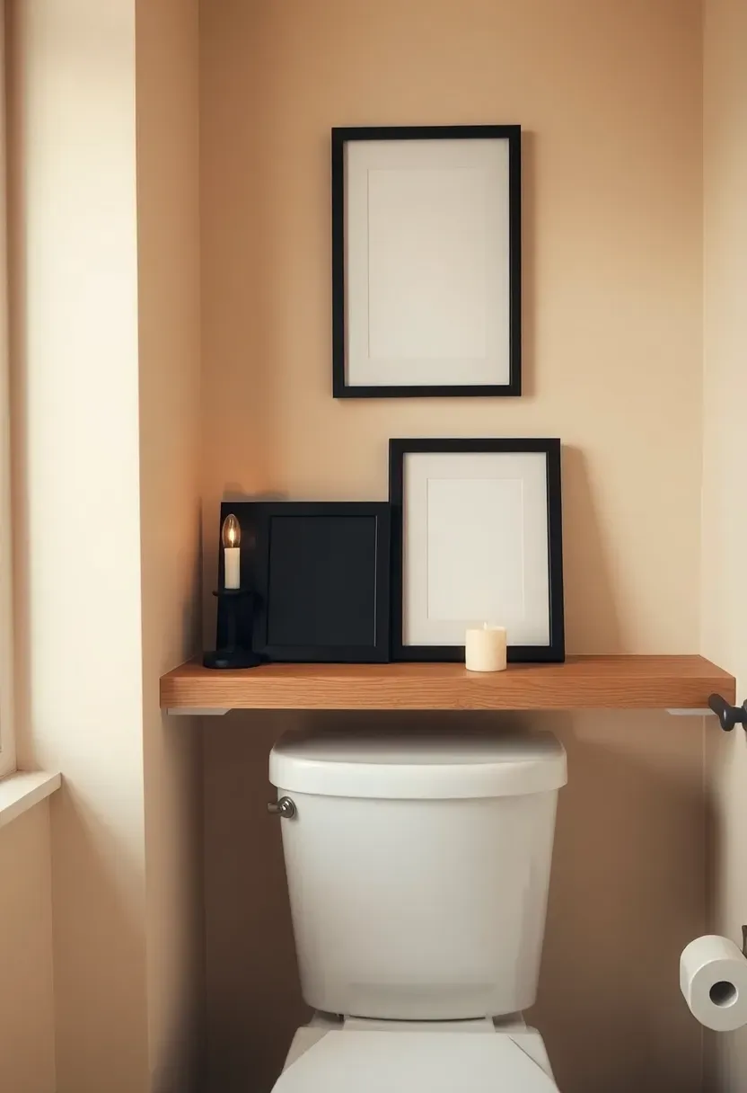 narrow picture ledge above toilet with three small framed prints and candle
