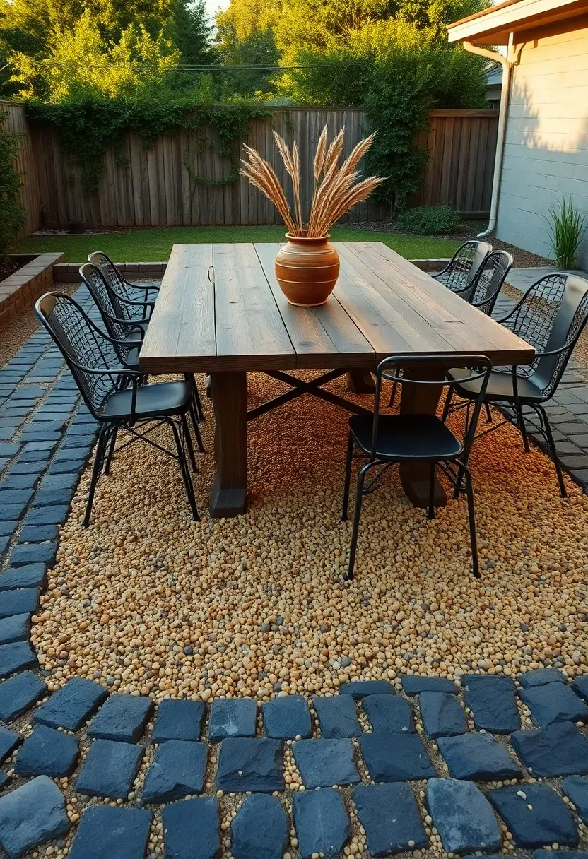Cobblestone paver border framing a gravel backyard patio with a rustic outdoor dining table