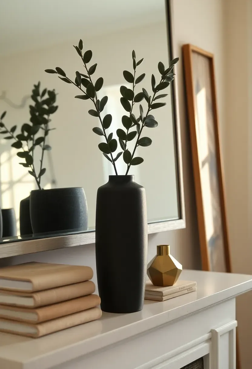 Tall matte ceramic vase with dried eucalyptus branches placed at one end of a white fireplace mantle, a stack of linen-covered books beside it — asymmetric arrangement, warm side light