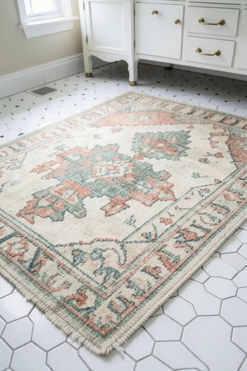 Hyper-realistic eye-level photograph of boho bathroom floor showing faded vintage wool rug with cream, sage, and terracotta geometric pattern, slight fraying at edges, placed on white hexagon tile floor, white vanity with brass fixtures visible in background. Natural light. Materials: vintage wool rug, ceramic hexagon tile. Authentic worn vintage texture. Slight wear and patina. No text, no logos, no watermarks.</p>