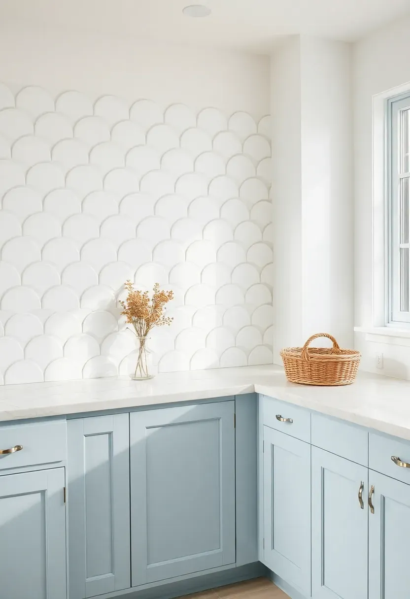 matte white scallop fan tile backsplash in a bright coastal kitchen with light blue cabinets