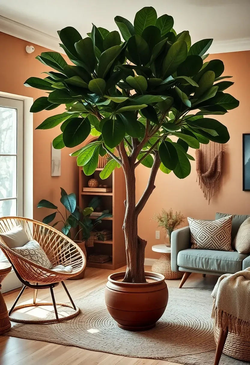 Hyper-realistic 3/4 view of an earthy boho living room featuring a large indoor tree as the dominant element—showing a fiddle leaf fig tree approximately 7 feet tall with large glossy leaves on an elegant trunk, positioned in a decorative terracotta pot, with the room's rattan furniture and textiles arranged around this living focal point. Light wood floor, warm walls. Materials: large fiddle leaf fig with visible leaf texture and trunk structure, terracotta pot with visible natural variation, rattan peacock chair, jute rug, linen textiles. Natural daylight from nearby window creating dappled light filtering through leaves onto surrounding space. Organic living sculpture emphasis. Plant as primary design element not afterthought. Shallow depth of field showing tree foreground with furniture and room context beyond. No text, no logos, no watermarks.</p>