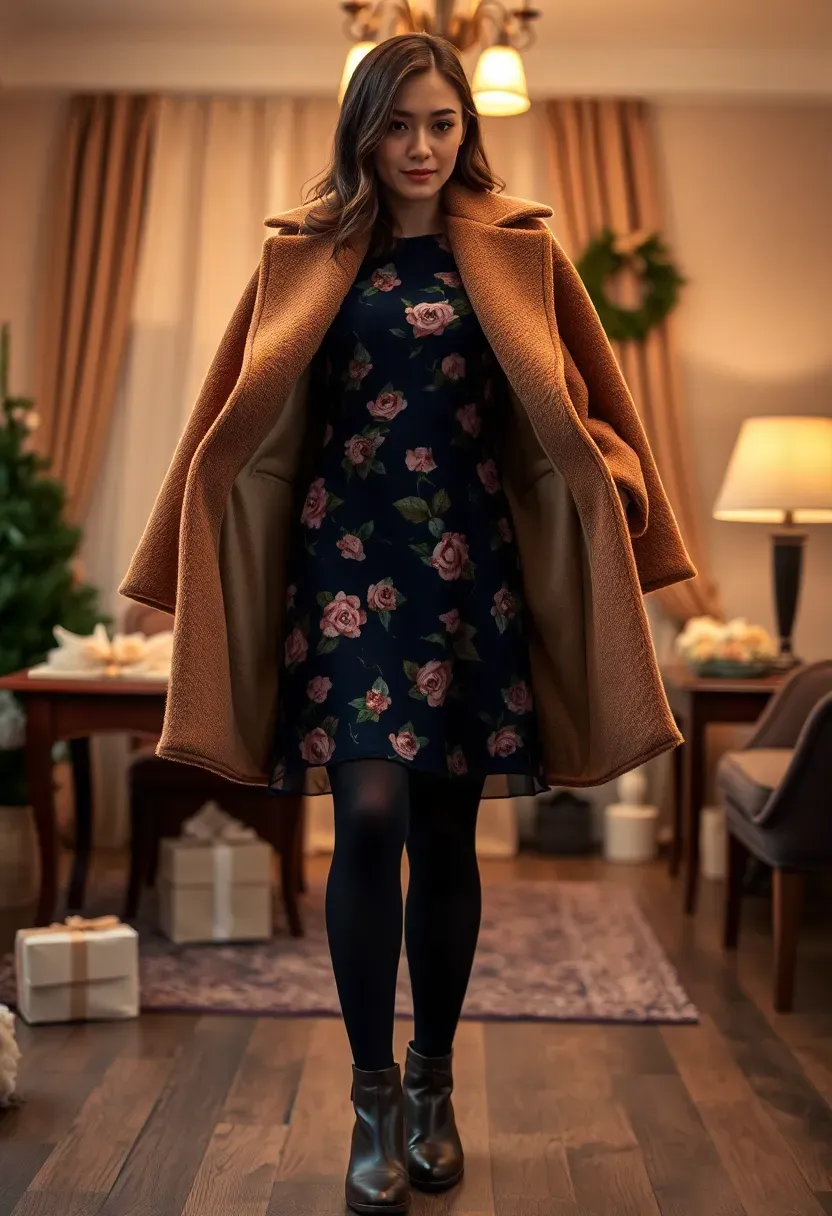 floral tea dress visible beneath an open camel wool coat at an indoor winter baby shower