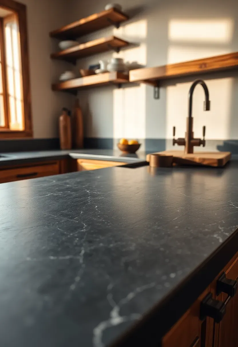 Hyper-realistic eye-level close-up of honed soapstone countertop in a rustic kitchen. Dark gray soapstone with subtle natural veining and visible honed matte finish. Small water ring visible from recent glass, slight patina developing in areas of frequent use. Reclaimed wood cabinets below, oil-rubbed bronze hardware. Creamy white walls, natural light from window on left casting soft shadows highlighting stone texture. Small cutting board and fruit bowl on counter showing daily use. Materials: honed soapstone, reclaimed oak, bronze. Earthy authentic rustic mood. Visible kitchen context - cabinets below, wall above, faucet with slight water spots. Natural patina and wear patterns visible throughout surface. No text, no logos, no watermarks. Negative prompt: 