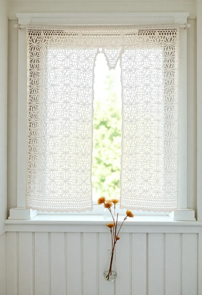 Small bathroom window with handmade crochet curtain panel in white cotton vintage cottage aesthetic bright daylight behind