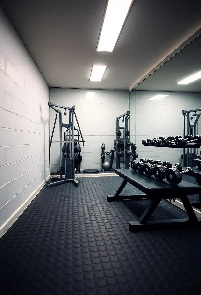 Modern compact home gym in a finished basement with rubber flooring, mirrored wall, free weights, and a cable machine