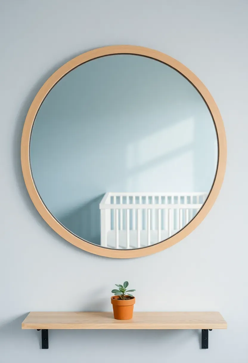 large round mirror in small baby boy nursery doubling visual space with light wood frame and soft blue walls