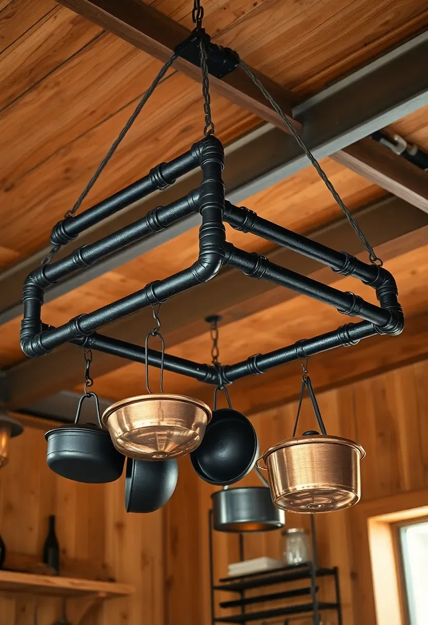 industrial black iron pipe pot rack hanging from ceiling joists in a barndominium kitchen