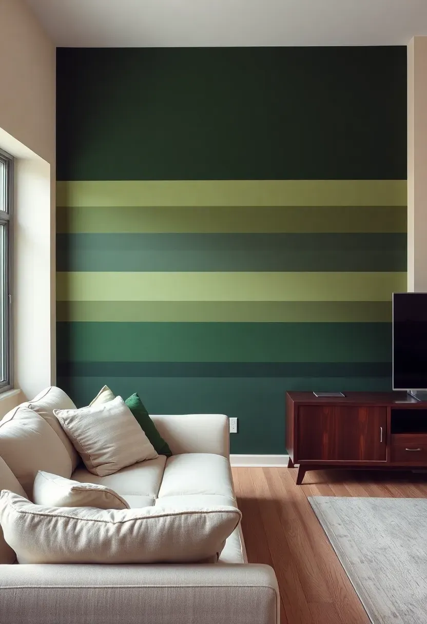 Hyper-realistic view of living room wall featuring horizontal stripe treatment with alternating bands of deep forest green and medium sage green, cream sofa and dark wood cabinet in foreground. Materials: flat paint finish on both green stripe colors showing clean horizontal lines, cream wall paint adjacent, light oak flooring, cream linen sofa, walnut media console. Natural light from window emphasizing the clean horizontal lines of stripe treatment, visible corner showing wall with consistent stripe pattern. Sharp focus on color transition, no text or logos.</p>