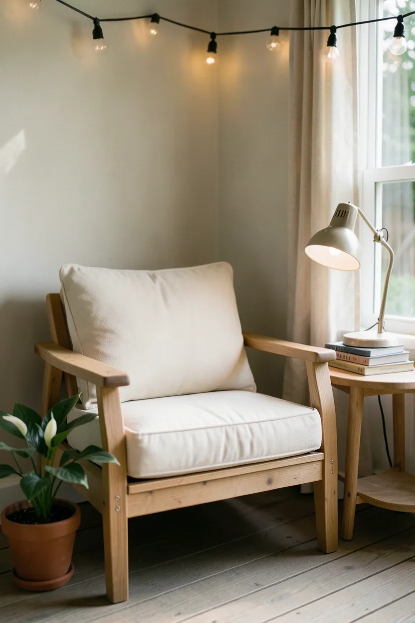 Hyper-realistic eye-level photograph of back porch corner with comfortable outdoor armchair in natural wood frame with cream cushion, small side table with stack of books and reading lamp, potted peace lily nearby, string lights overhead. Natural soft afternoon light. Materials: weather-resistant fabric, wood, paper books, ceramic. Peaceful intimate mood. Shallow depth of field, sharp details on book spines and fabric. No text, no logos, no watermarks.