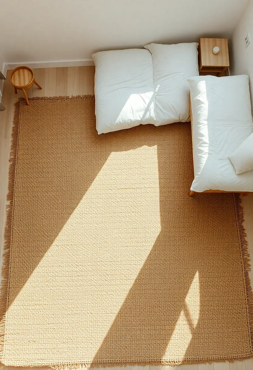 Hyper-realistic overhead view of a minimalist boho bedroom with a large natural jute rug covering most of the floor. Materials: woven jute with subtle variations in color, light wood floor visible at edges, white bed with linen bedding. Bright natural daylight streaming in. Clean minimalist composition with edited furniture—just bed and one small table. No text, no logos, no watermarks.</p>
