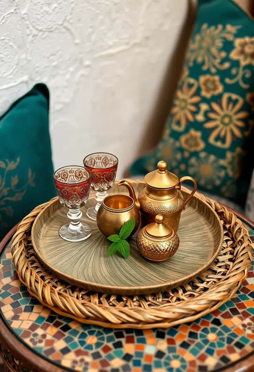 Moroccan-inspired woven tray with ornate tea glasses, a brass teapot, and fresh mint sprigs on a mosaic side table