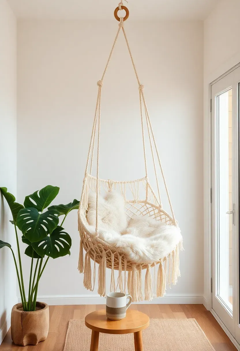 hanging hammock chair in sunroom corner with macrame details and plant beside it