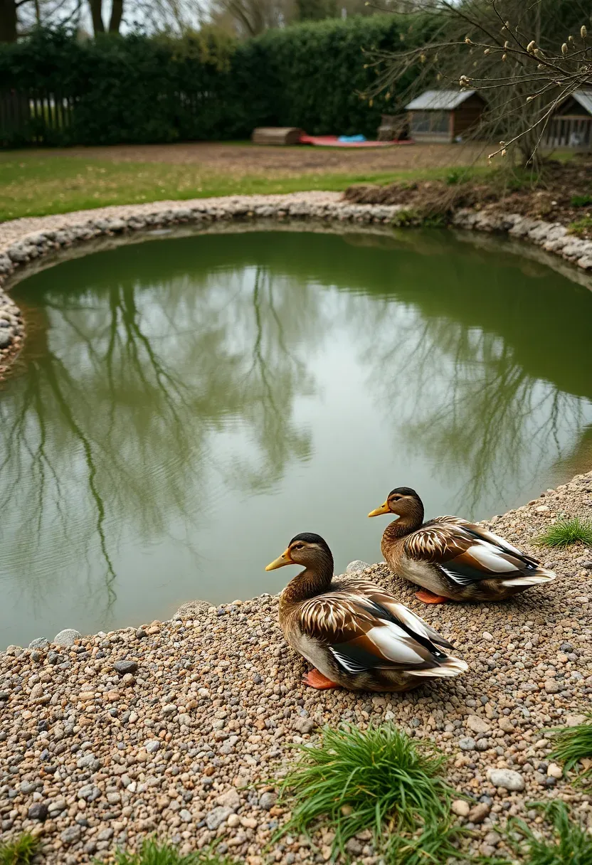 Backyard duck pond with shallow sloped gravel banks, ducks resting near the edge, surrounded by a low willow hedge