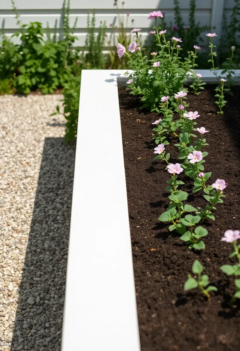 Raised garden bed with a wide built-in wooden bench along one side, painted white, with flowering plants and herbs growing in the bed beside a garden pathway