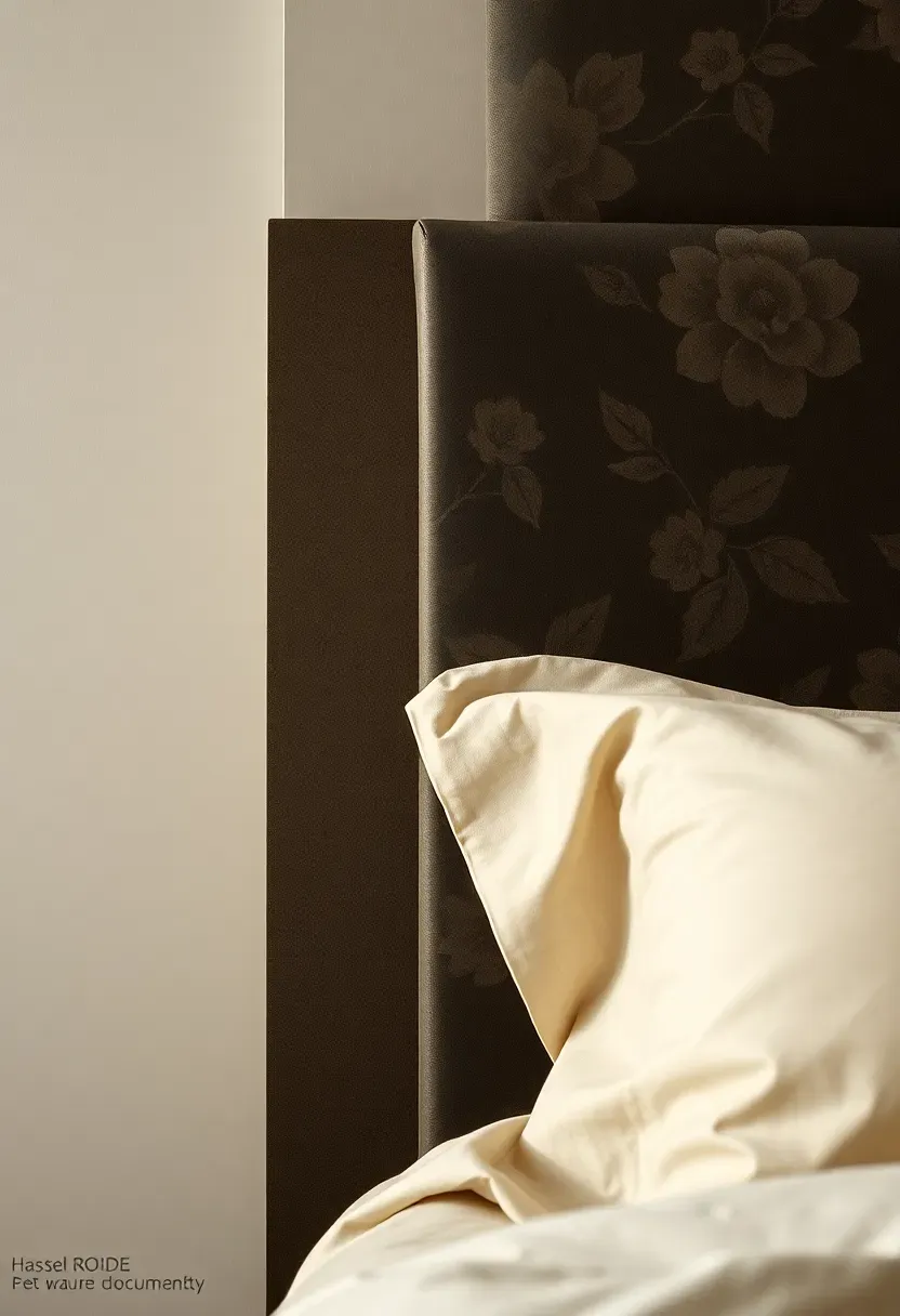 Dark floral wallpaper panel behind the bed