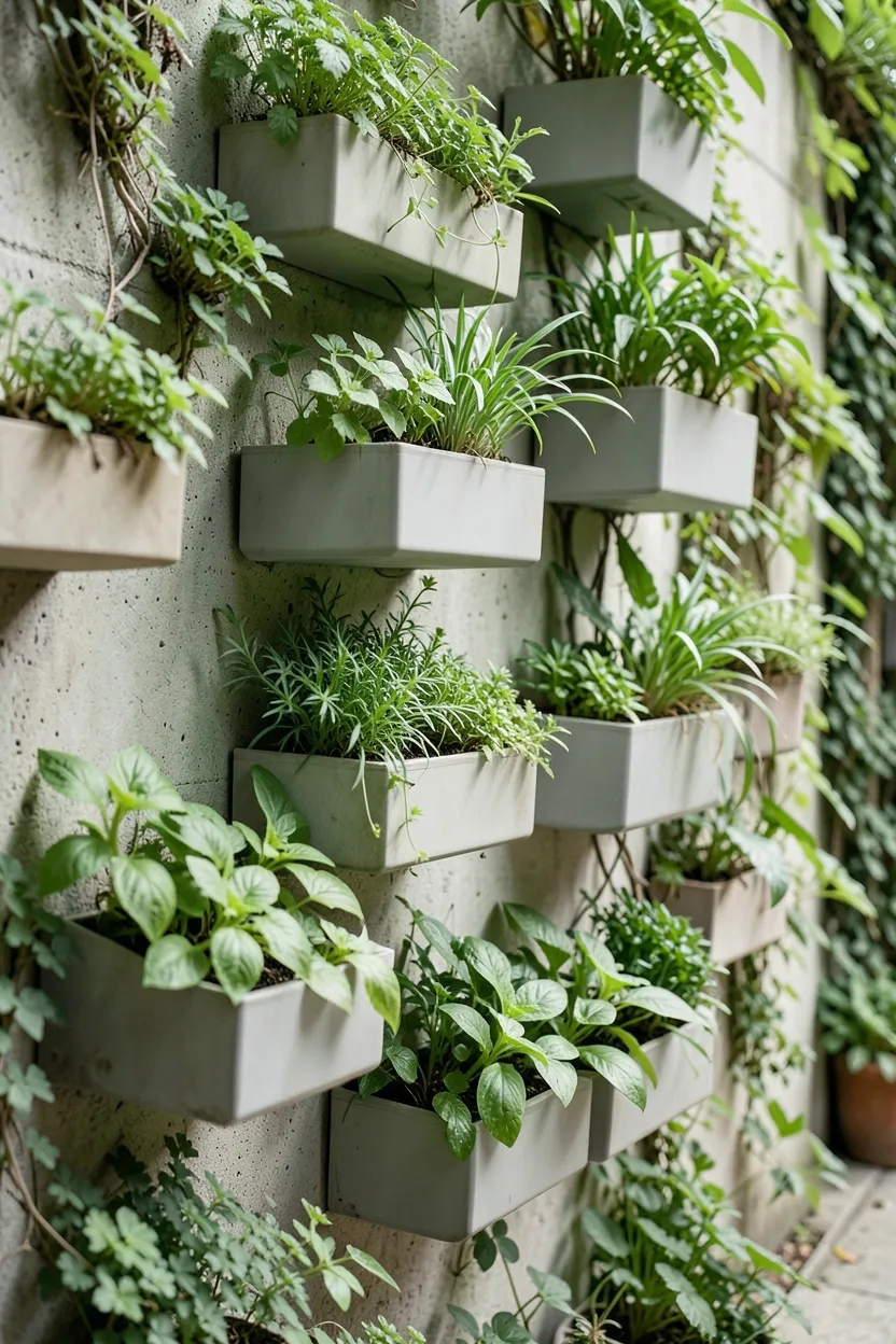 Wall-mounted vertical planters with trailing pothos and small succulents in a bright Scandinavian apartment living space