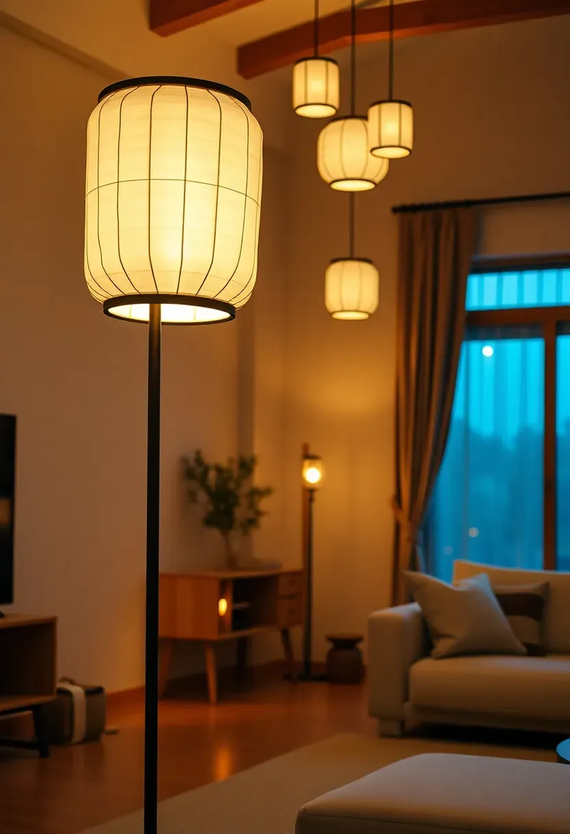 Hyper-realistic 3/4 view of minimalist Japandi living room at dusk featuring large floor lamp with paper lantern shade casting soft glow, smaller paper pendant lights above, warm ambient light filling room. Materials: translucent white paper lantern shades with visible subtle texture, black minimal metal frames, light oak furniture, cream sofa visible. Warm glowing light from lanterns creating soft shadows, cool blue light through window. Tranquil evening mood. Shallow depth of field, sharp details on paper texture, vertical composition, visible room context with neutral walls. No text, no logos, no watermarks.</p>