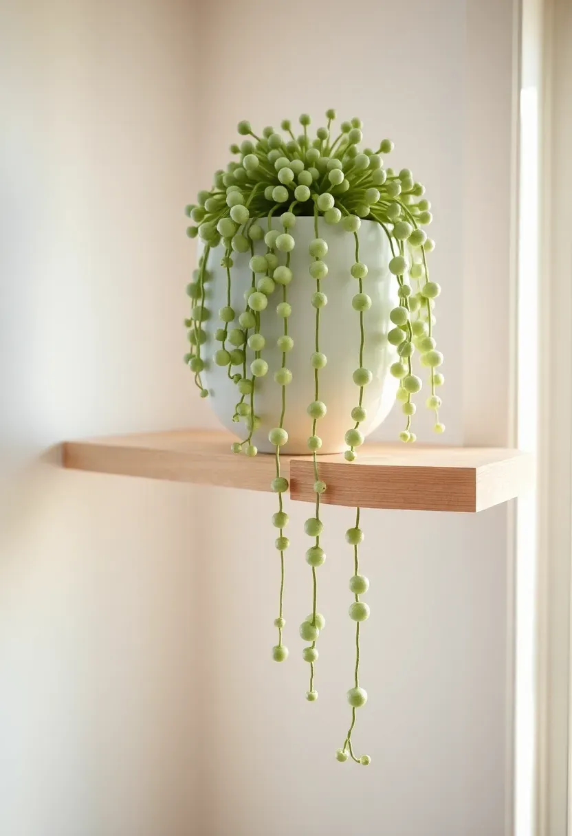 String-of-pearls plant cascading in long silvery green strands from a white ceramic pot on a high sunroom shelf with bright natural light behind