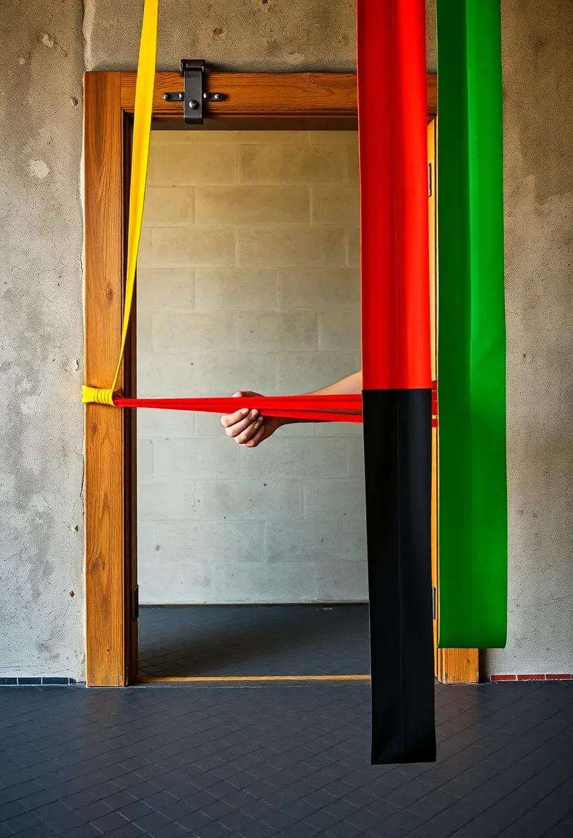 Resistance bands of varying thickness anchored to a reinforced door frame in a basement, person doing banded pull-apart exercise