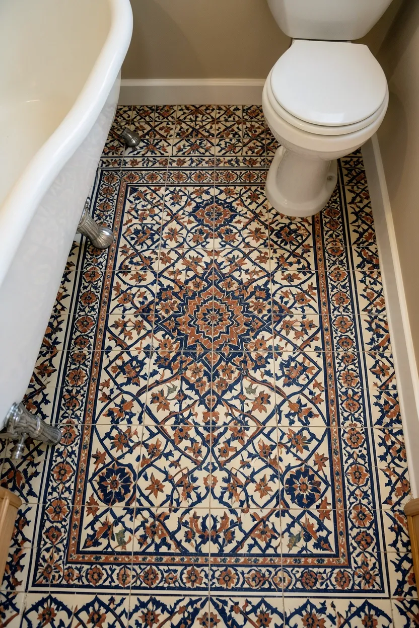 Vintage Persian rug runner patterned floor tiles in soft blue and cream in a farmhouse powder room