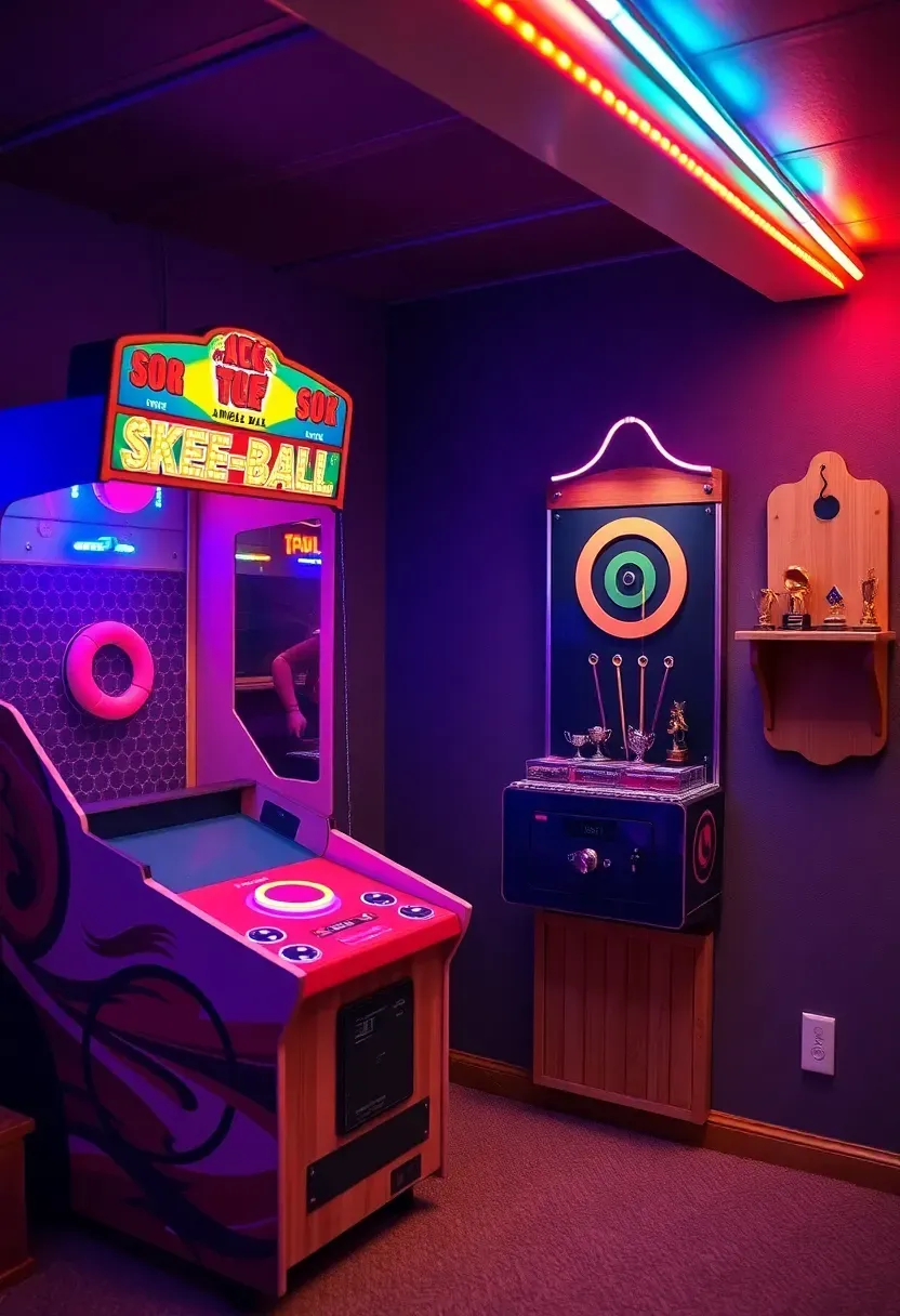 basement skee-ball lane next to a carnival ring toss game with colorful LED lighting and prize shelf