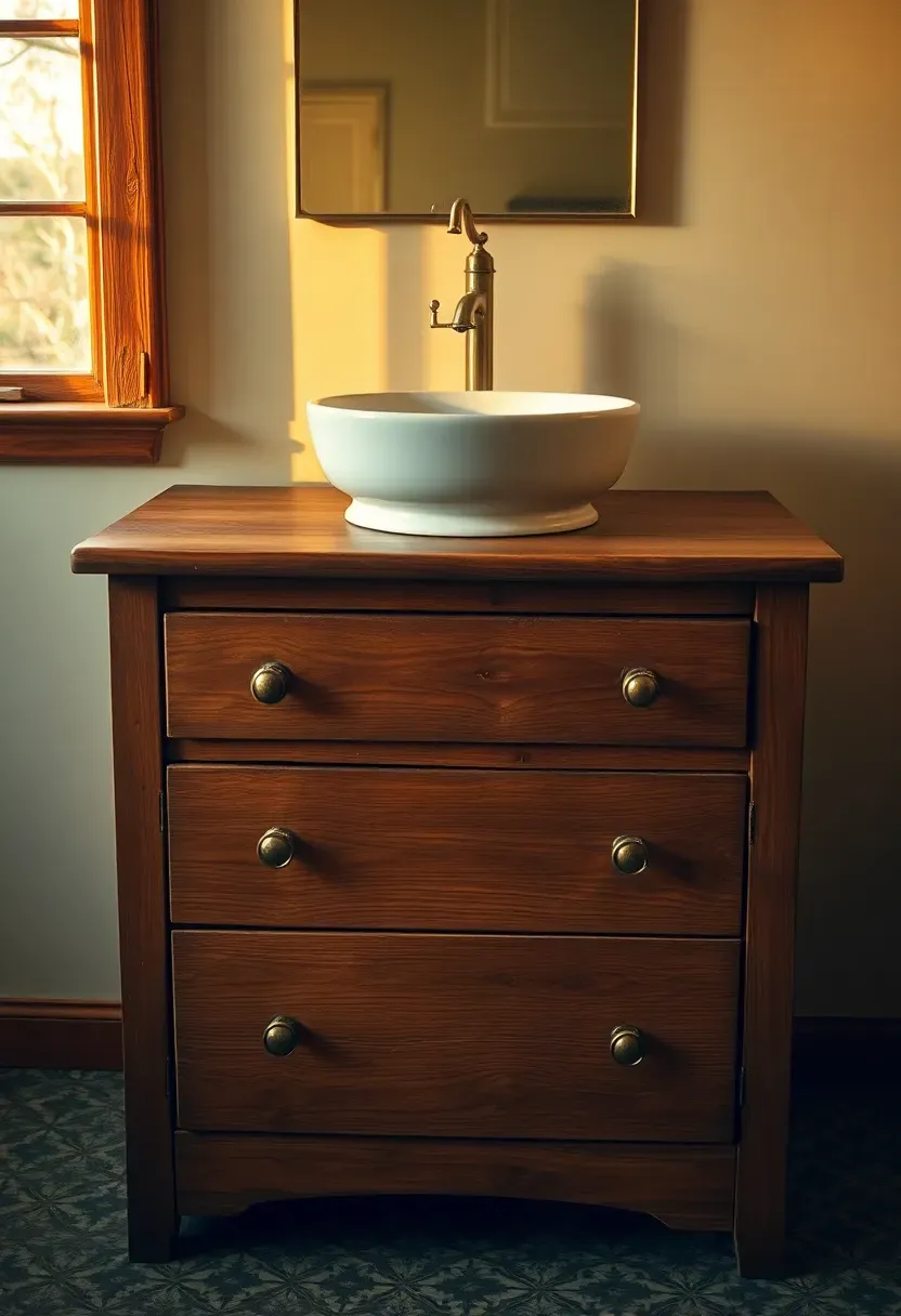 Vintage wooden dresser repurposed as a bathroom vanity with a vessel sink on top and antique brass faucet