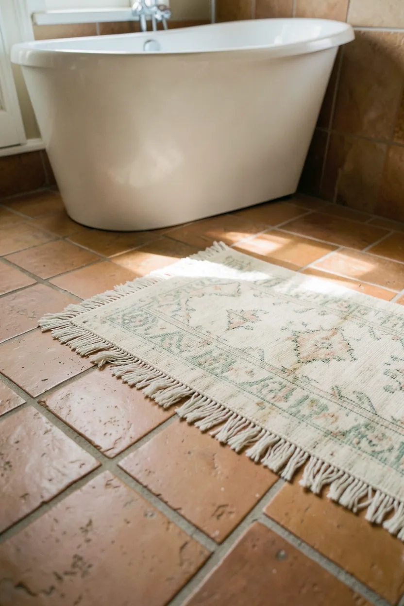 Hyper-realistic eye-level photograph of boho bathroom floor showing terracotta clay tiles with natural variation, covered partially by faded cream and sage patterned vintage rug with fringed edges. White porcelain bathtub visible in background. Morning light casting soft shadows. Materials: handmade terracotta tiles, wool rug, porcelain. Warm earthy color scheme. Authentic daily use state with slight wear on tiles. No text, no logos, no watermarks.</p>