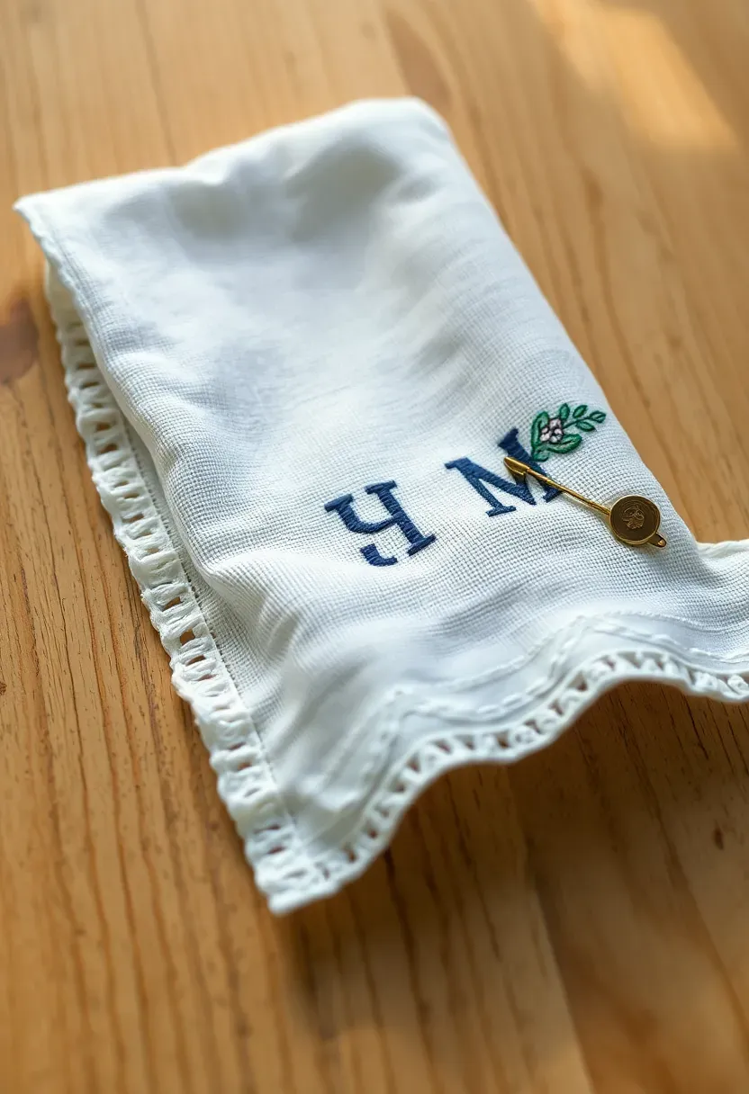 white linen handkerchief with delicate embroidered initials and a small floral motif folded on a wooden surface