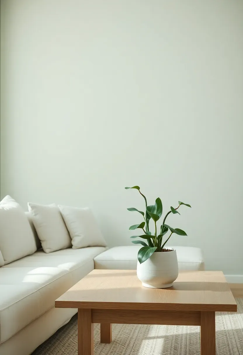 Hyper-realistic 3/4 view of a minimalist living room with pale sage walls, white sofa, oak coffee table, potted snake plant. Materials: matte sage paint, white cotton, white oak wood, ceramic planter. Soft diffused daylight, subtle green-gray shadows. Shallow depth of field, serene minimalist composition. No text, no logos, no watermarks.</p>