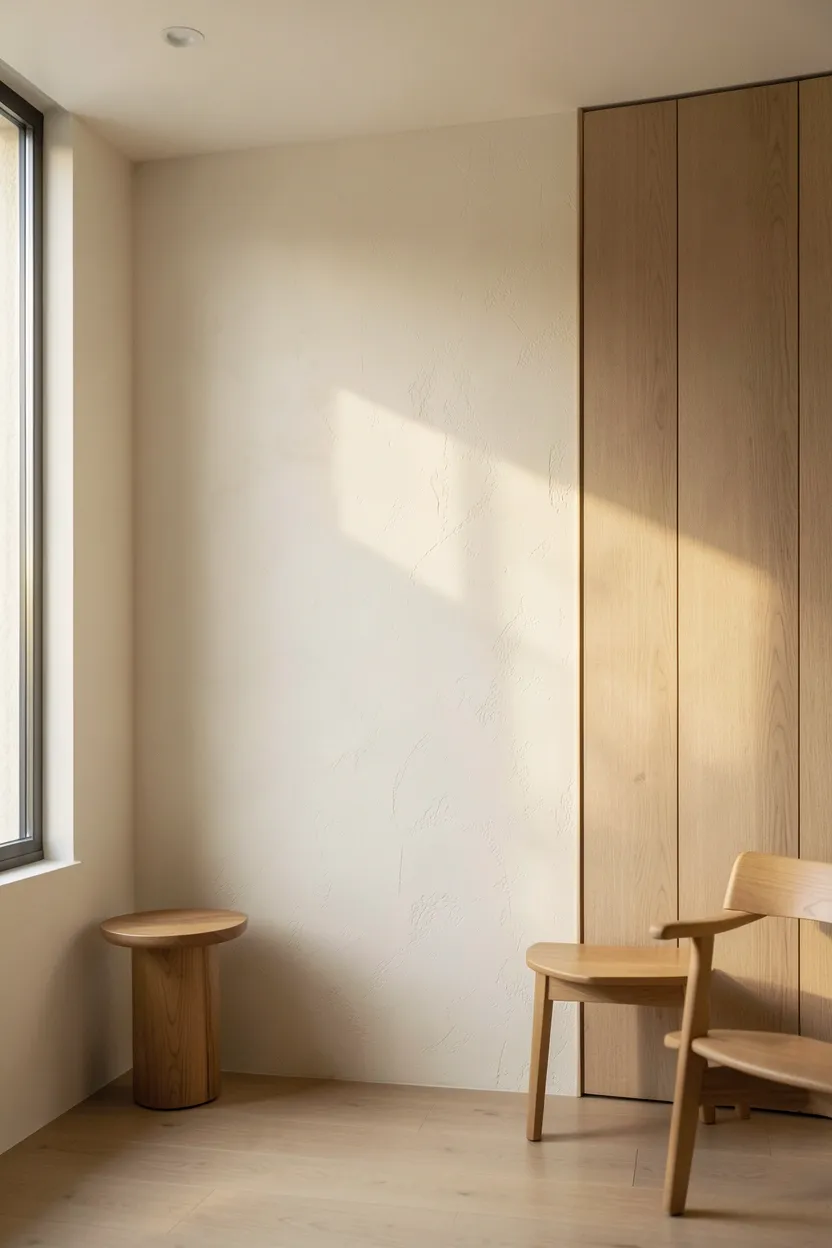 Warm beige walls with woven wall hanging and wood panel texture accent in a natural minimalist apartment