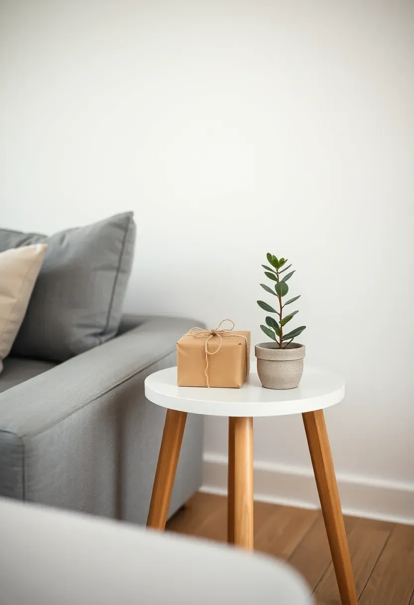 Hyper-realistic view of minimalist living room featuring small white side table with two small gifts — one wrapped in kraft paper with twine, one small potted plant in simple ceramic pot, white walls, gray sofa, no excess decorations or clutter. Materials: white painted walls, oak table, simple gift wrap, living plant. Intentional restrained mood, mindful gifting, shallow depth of field, no text, no logos.</p>