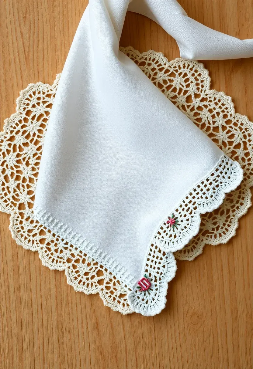 white cotton embroidered handkerchief with delicate floral border and monogram on antique lace
