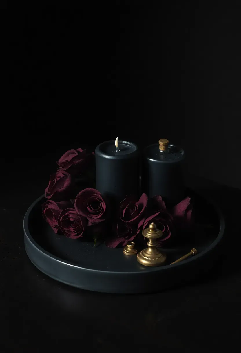Dramatic matte black round metal tray with a black pillar candle, dark stoneware vase, and raw obsidian stone on a light oak coffee table