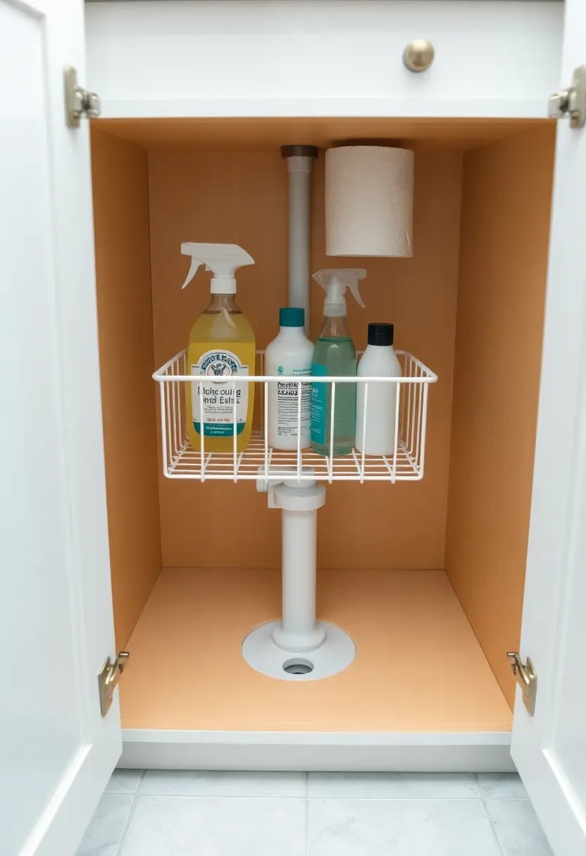Two-tier wire shelf riser inside a bathroom vanity cabinet under sink holding cleaning supplies and extra toiletries