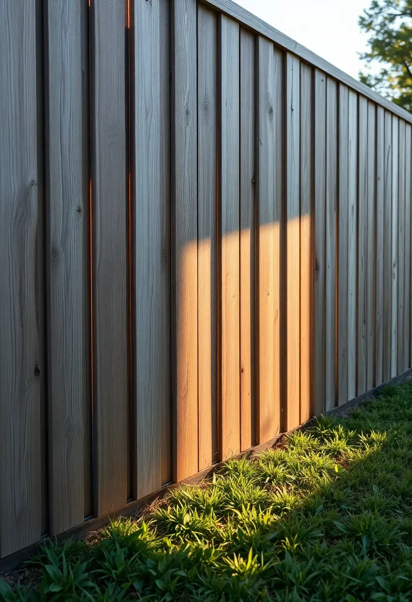 Shadowbox privacy fence showing alternating boards on each side of the rail with light passing through at an angle