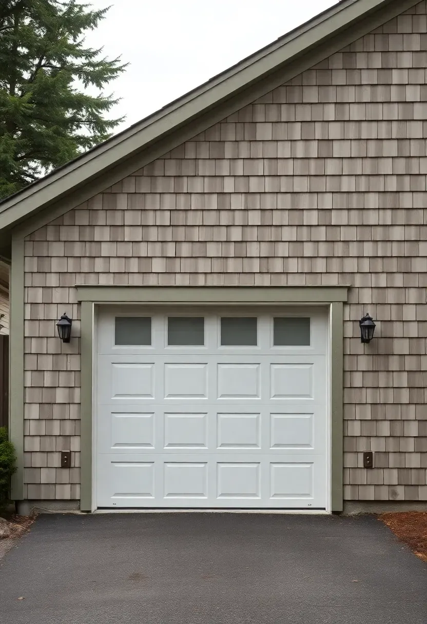 Single-bay attached garage with side entry door and shingle siding matching the main house