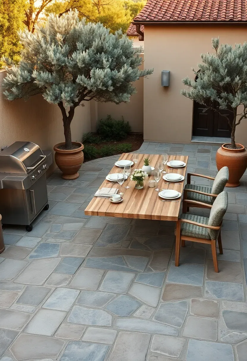 Large flagstone patio with a stainless steel grill, outdoor dining table set for eight, and potted olive trees framing the seating area