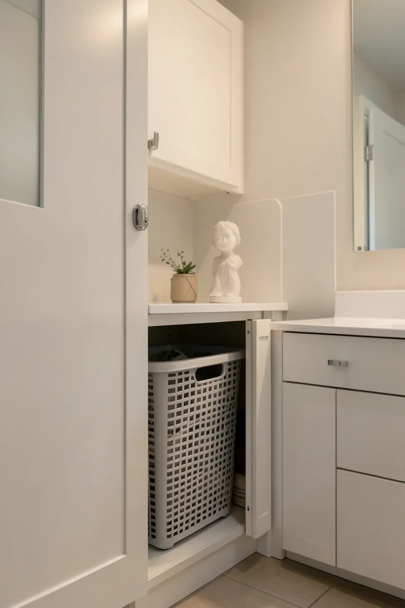Toca Boca family bathroom cabinet with a concealed pull-out laundry hamper built into white cabinetry, keeping the floor clear and tidy