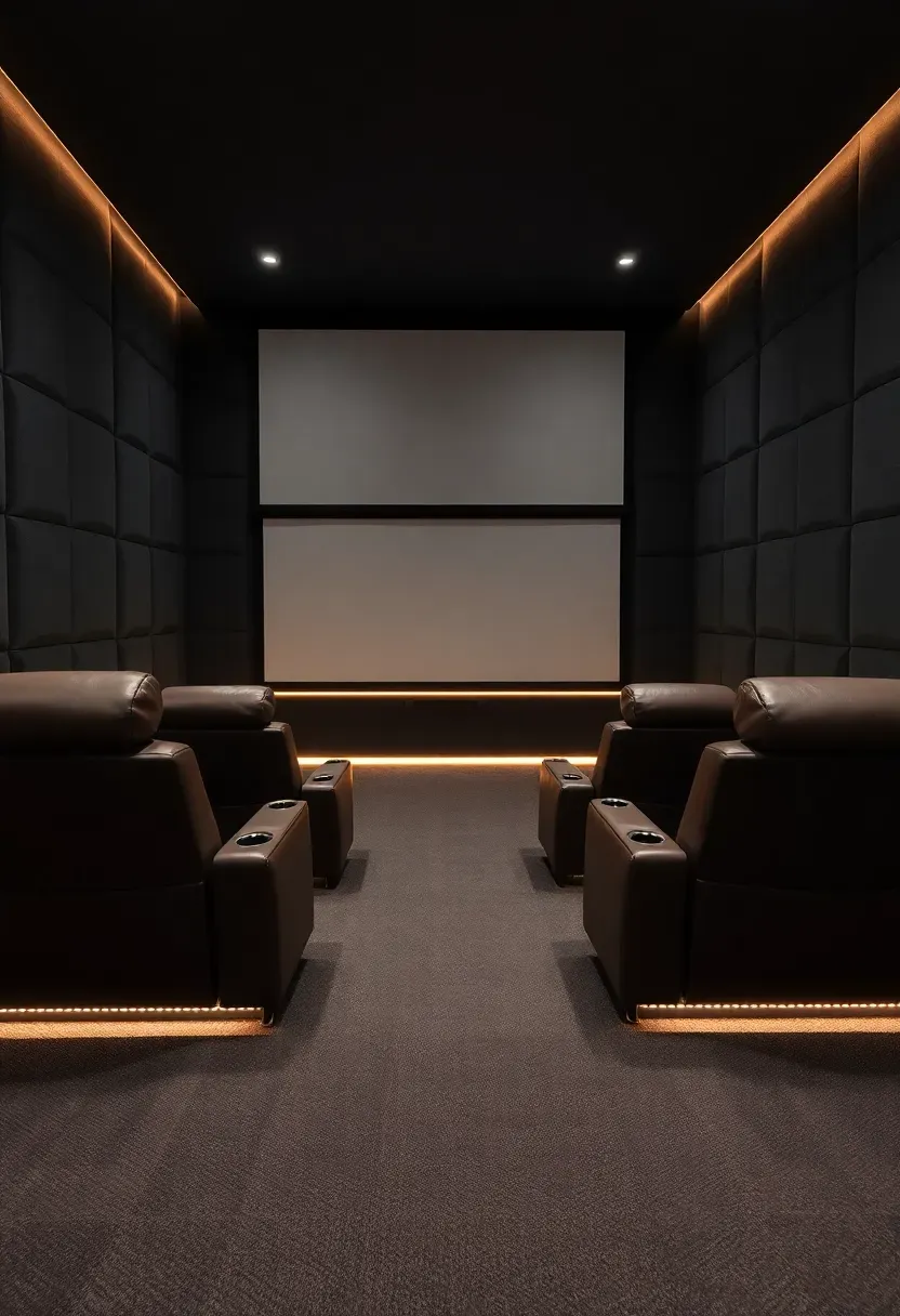 Soundproofed basement media room with fabric-wrapped acoustic panels on walls, a large screen, and theater seating