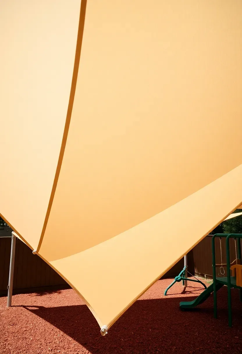 Large triangular shade sails in beige and white stretched over backyard play equipment, casting cool shadows on rubber mulch below