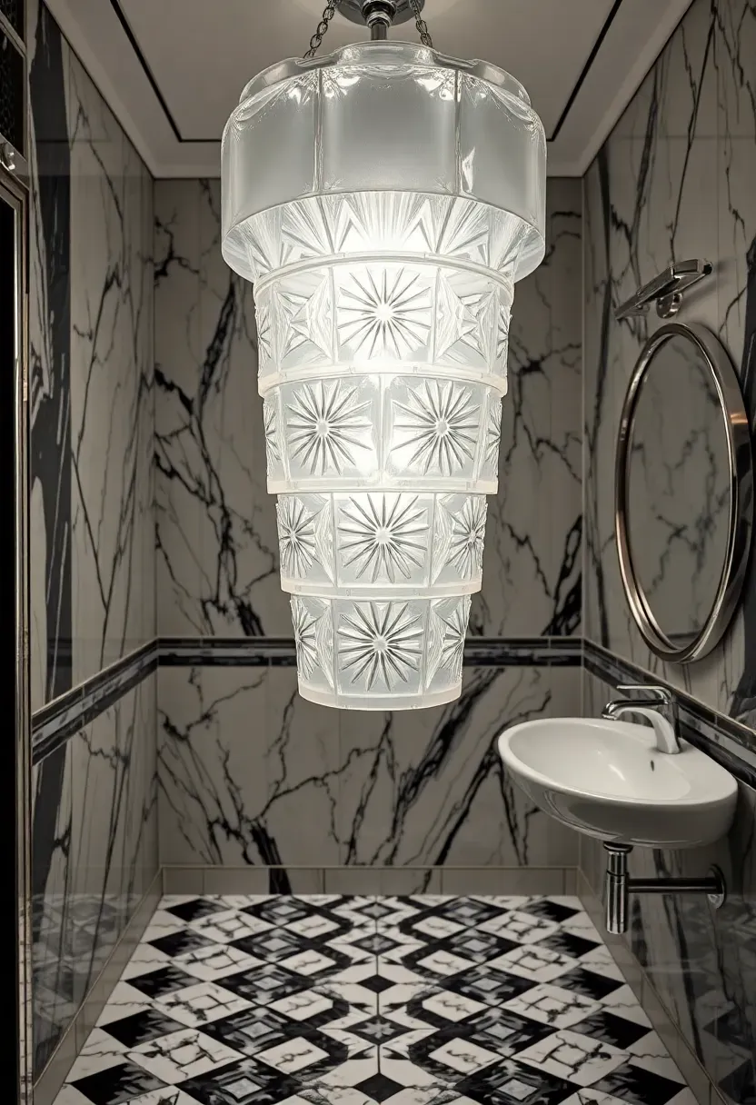 Art deco stepped glass chandelier with frosted and clear glass tiers and chrome hardware in a glamorous bathroom