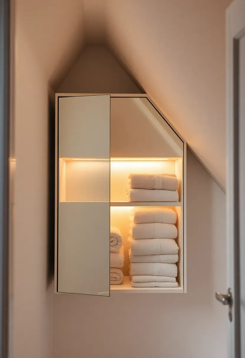 Attic bathroom dormer recess fitted with a custom mirror-fronted cabinet whose top follows the roofline angle, warm LED strip inside illuminating white shelves of folded linens