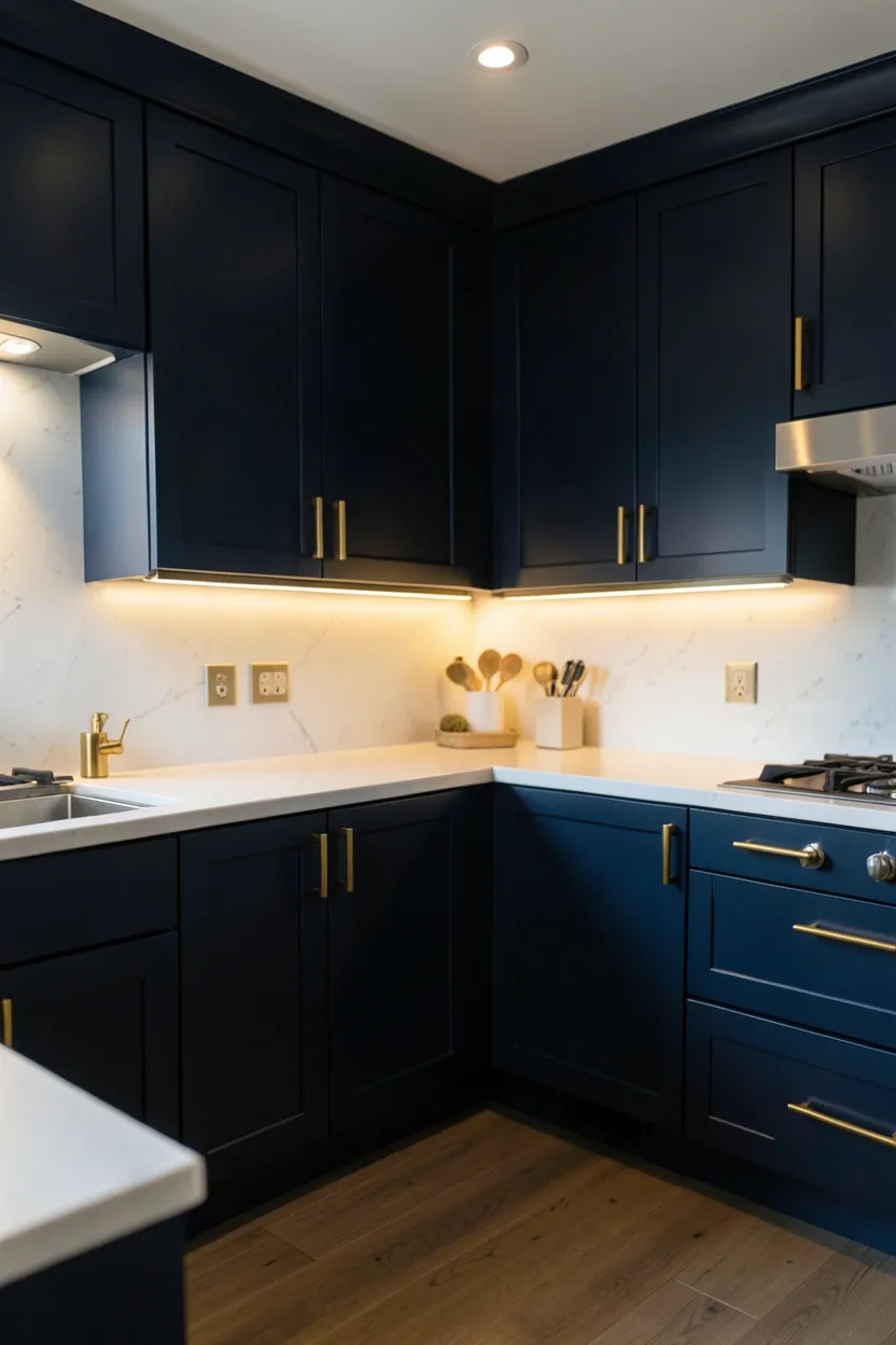 Hyper-realistic eye-level photograph of a modern kitchen with deep navy blue cabinets, brass hardware and fixtures, white quartz countertops. Warm ambient lighting creating soft highlights on brass. Materials: deep navy satin finish, unlacquered brass, white quartz. Luxurious mood. Shallow depth of field, sharp details on brass reflections. No text, no logos, no watermarks.</p>