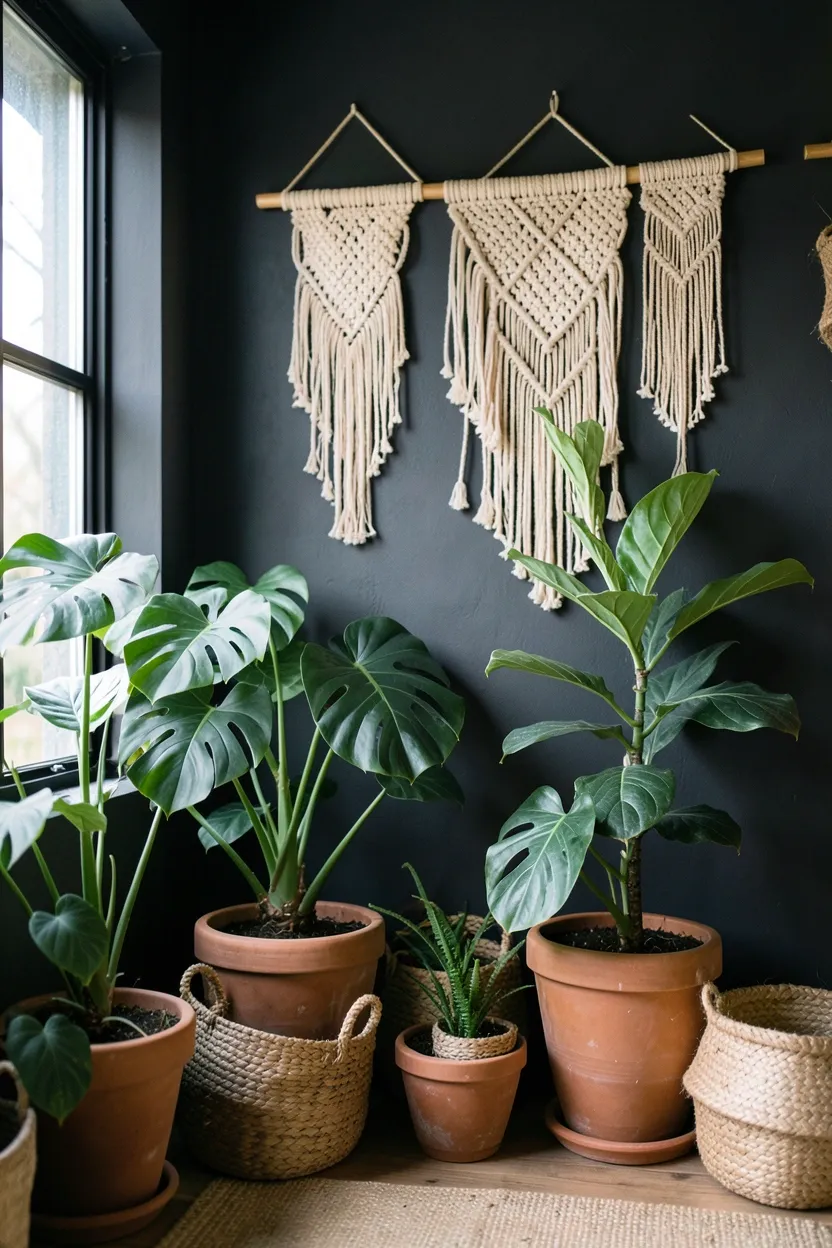 Dark boho living room with large macramé wall hanging, monstera plant in terracotta pot, and dark painted walls — boho apartment decor